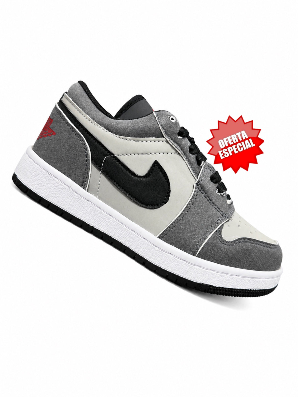 JORDAN 1 LOW GRIS OXFORD NEGRO ROJO