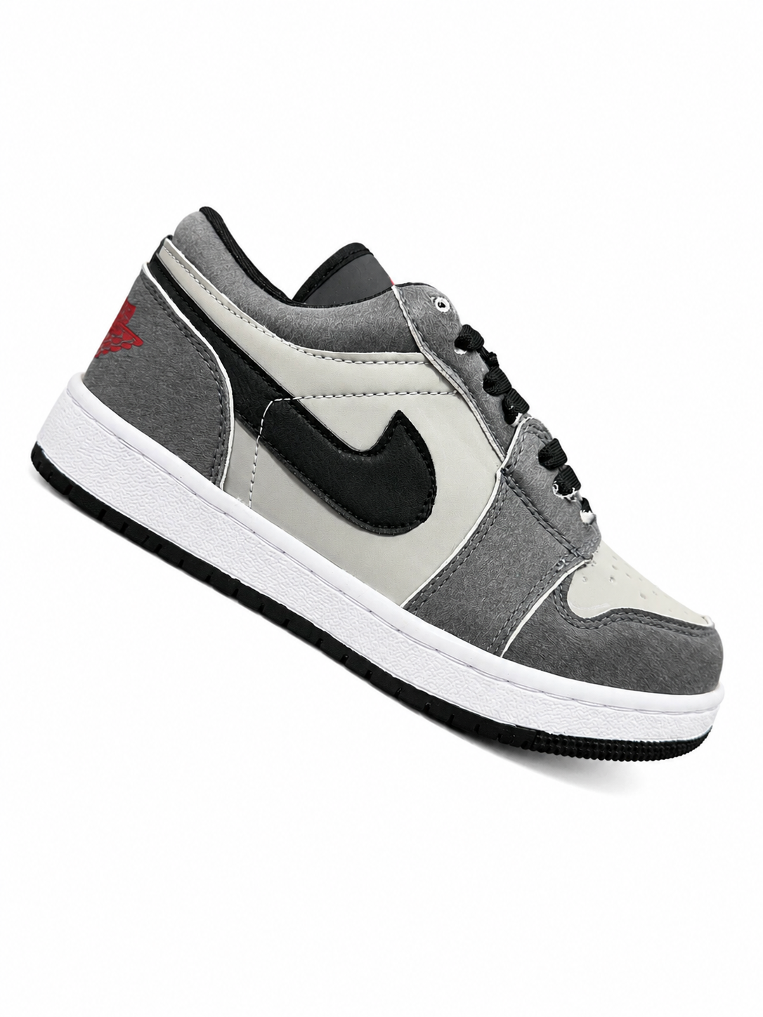 JORDAN 1 LOW GRIS OXFORD NEGRO ROJO